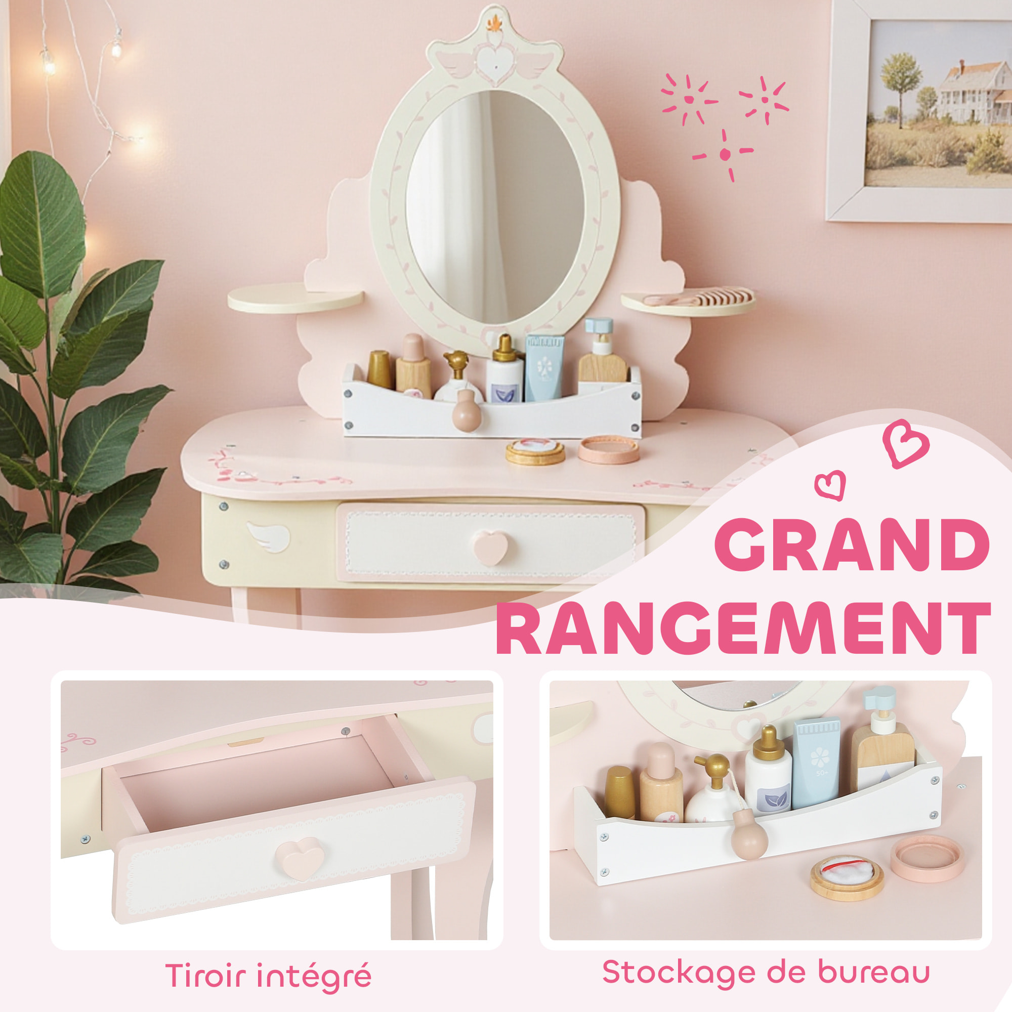 Coiffeuse enfant en bois avec tabouret et miroir - jeu d'imitation 7 accessoires inclus - rose blanc écru