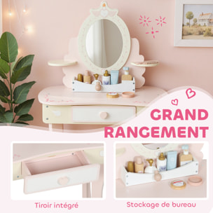 Coiffeuse enfant en bois avec tabouret et miroir - jeu d'imitation 7 accessoires inclus - rose blanc écru
