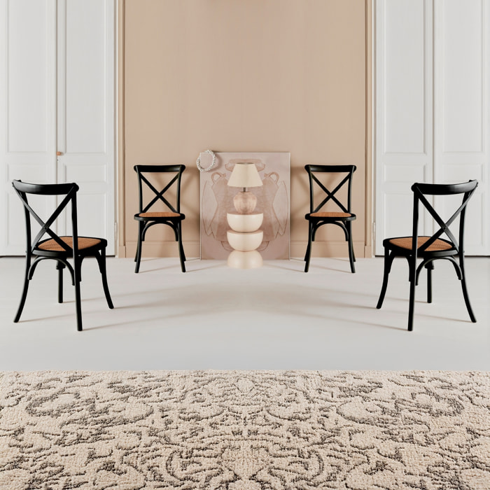 Lot de 4 chaises de bistrot en bois d'hévéa noir. vintage. assise en rotin. empilables