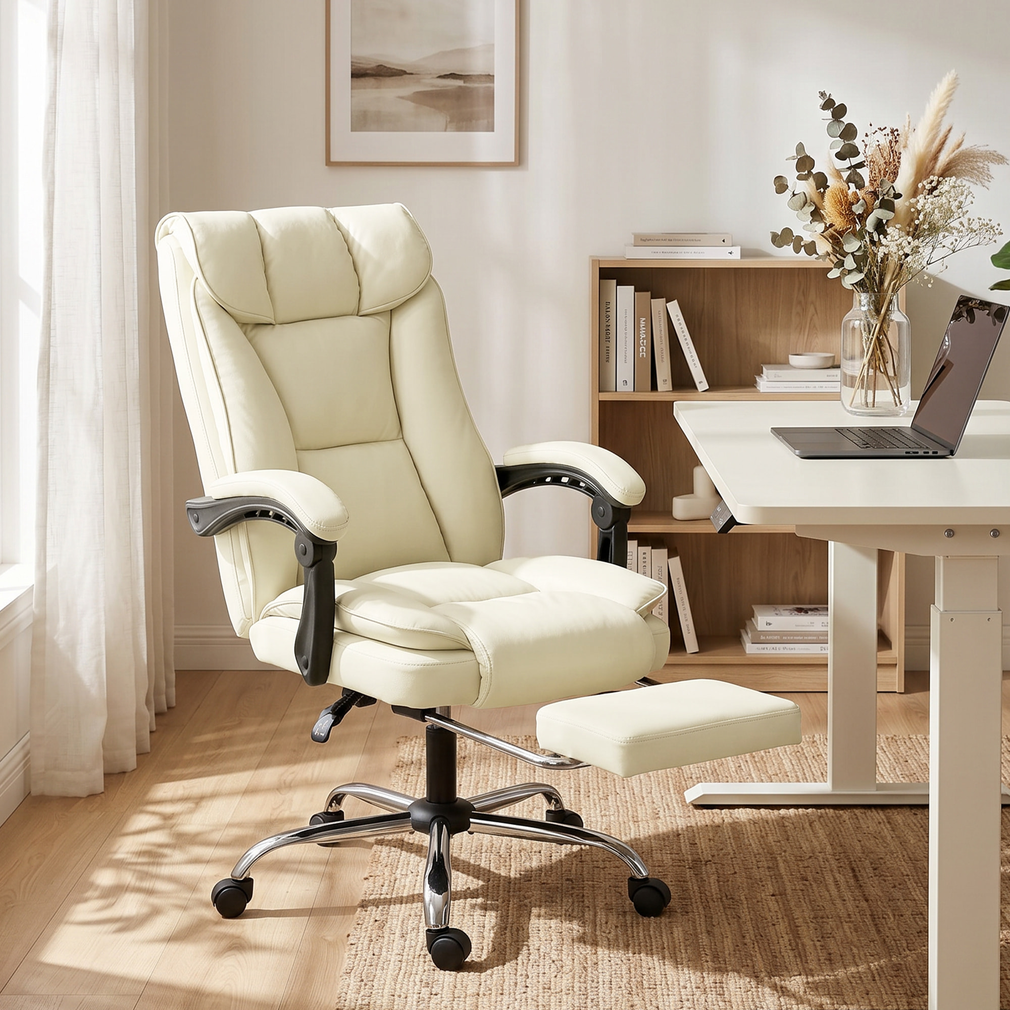 Chaise de bureau inclinable repose-pieds revêtement synthétique crème