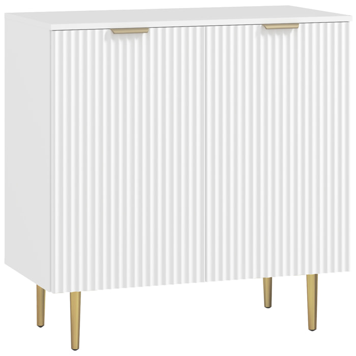 Buffet 2 portes étagère design effet cannelé piètement poignées métal doré blanc