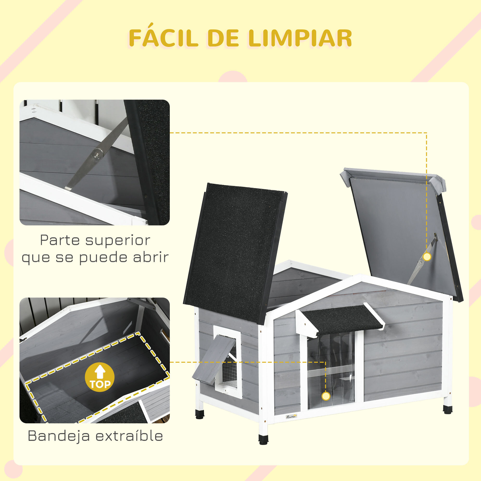 Caseta para Perros de Madera 97x72x65 cm Casita para Mascotas con Techo Asfáltico Abatible 2 Ventanas Puerta con Cortina y Base Extraíble Gris