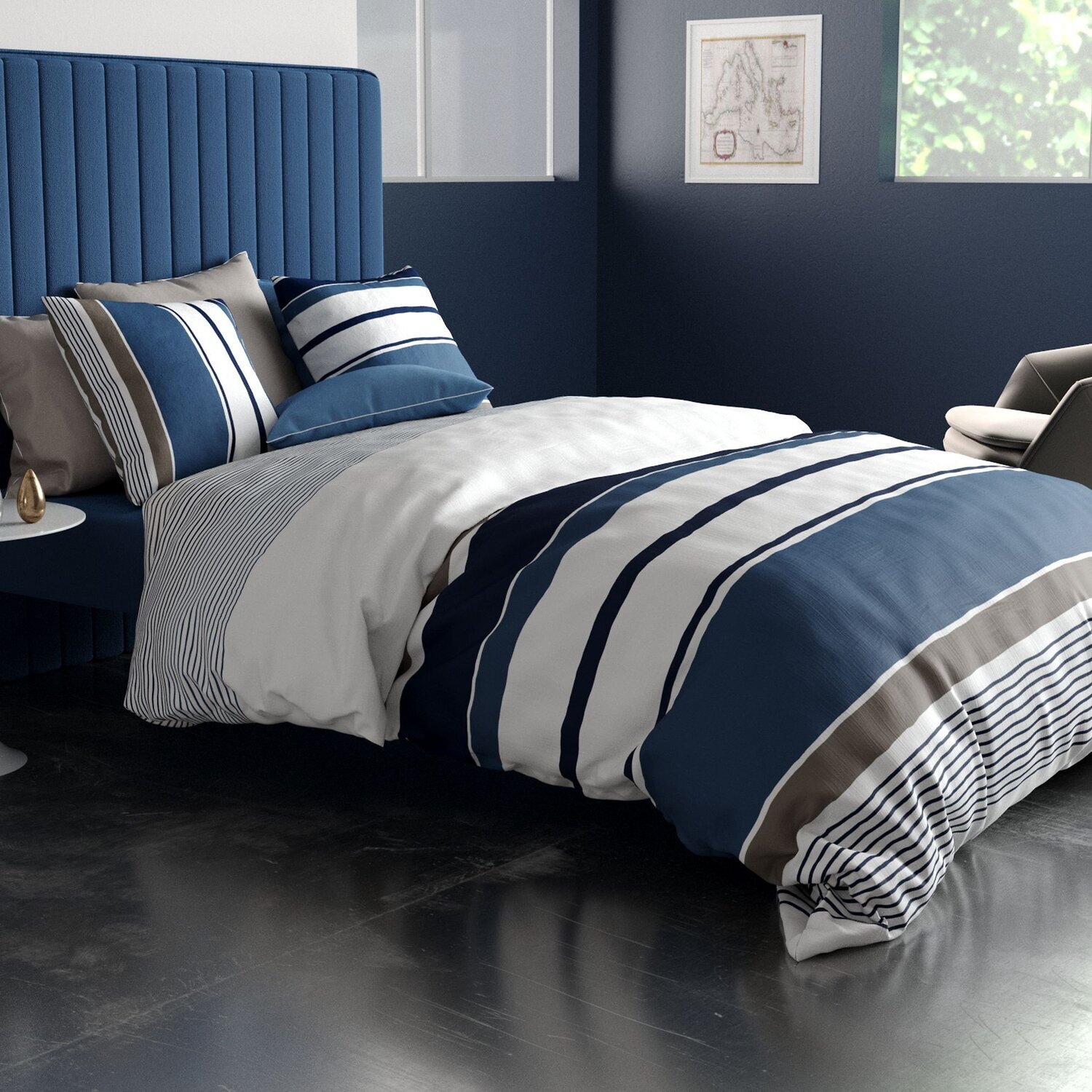 Parure housse de couette imprimé 100% coton - belize - bleu gris
