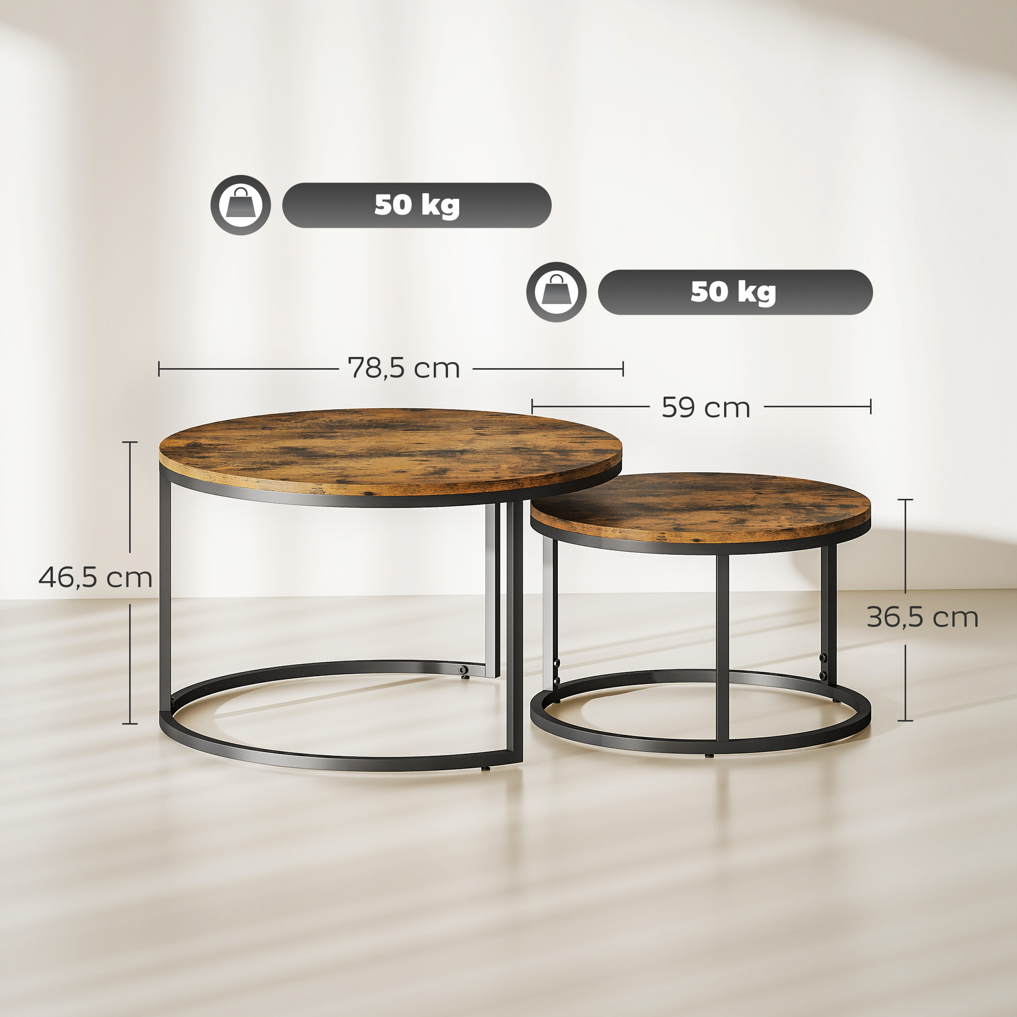 Lot de 2 tables basses rondes gigogne empilables piètement acier noir plateau aspect bois vieilli
