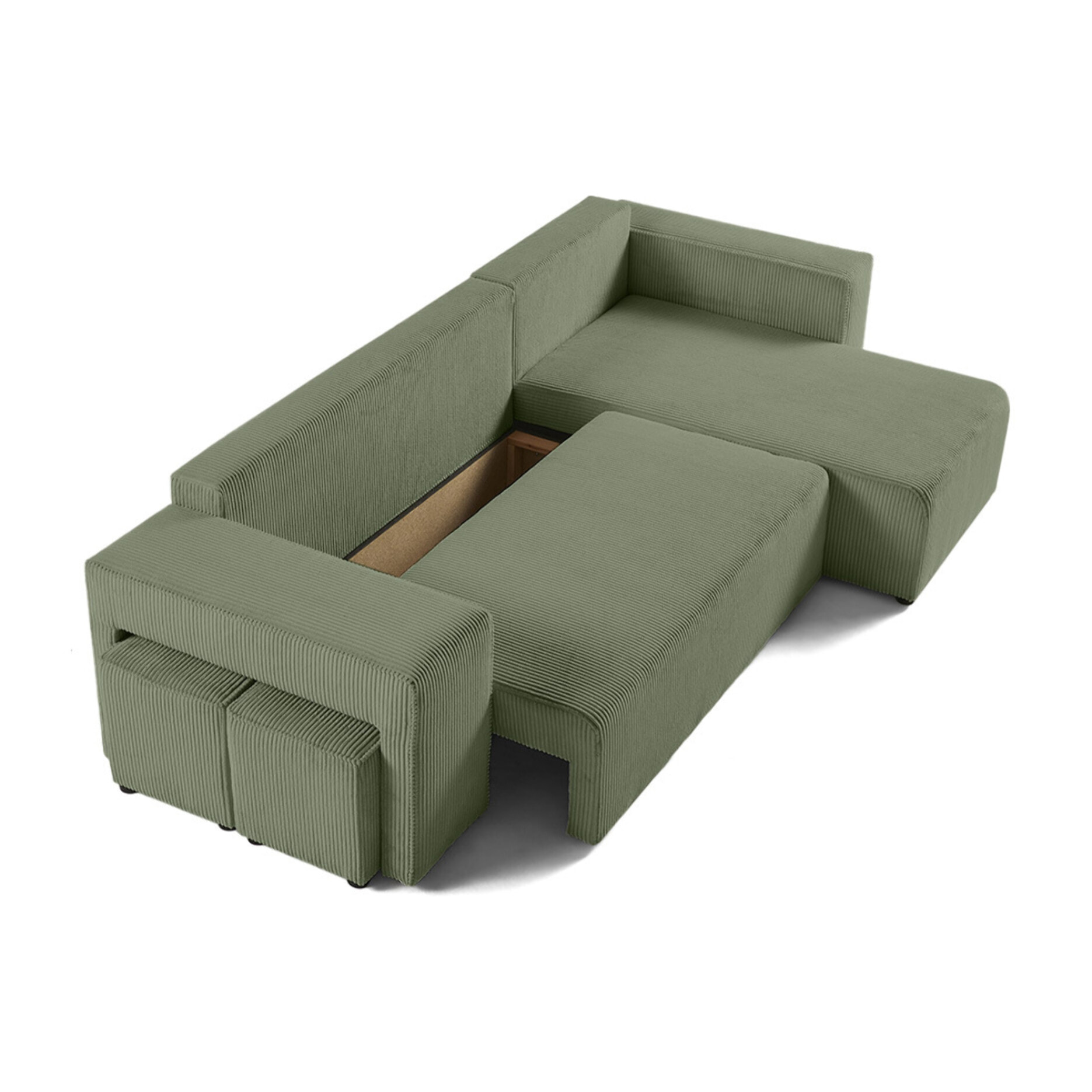 Topaze - canapé d'angle réversible 4 places - convertible avec coffre, tablette et poufs - en velours côtelé - Vert sauge