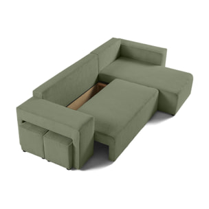 Topaze - canapé d'angle réversible 4 places - convertible avec coffre, tablette et poufs - en velours côtelé - Vert sauge