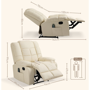Sillón de Masaje, Sillón Relax Reclinable con 8 Puntos de Masaje, Mando a Distancia, Tapizado en PU, Reposapiés, Bolsillo Lateral, Butaca para Salón, Dormitorio, Crema