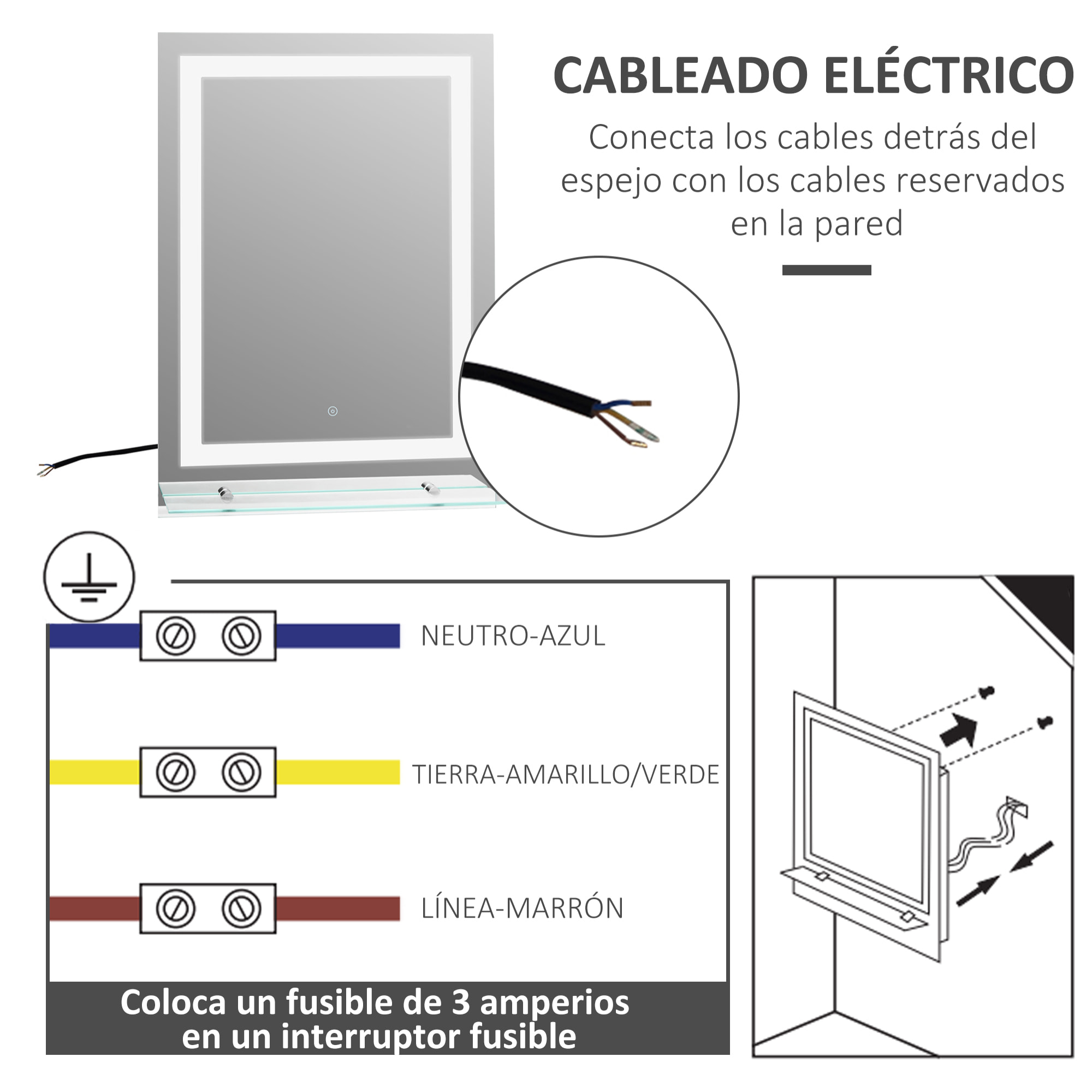 Espejo de Baño con Luces LED 70x50 cm Espejo para Baño con Marco de Aluminio Interruptor Táctil y Estante de Vidrio para Salón Entrada Plata