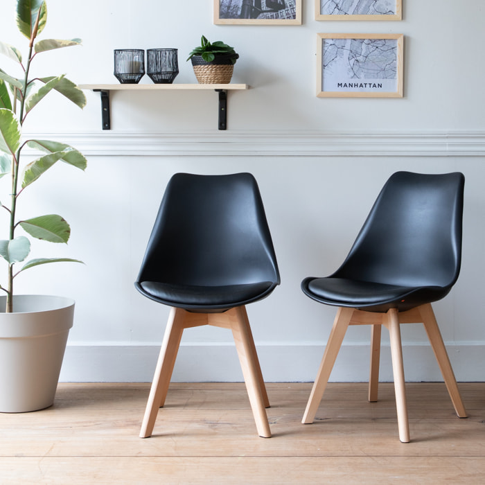 Lot de 2 chaises scandinaves NORA noires avec coussin