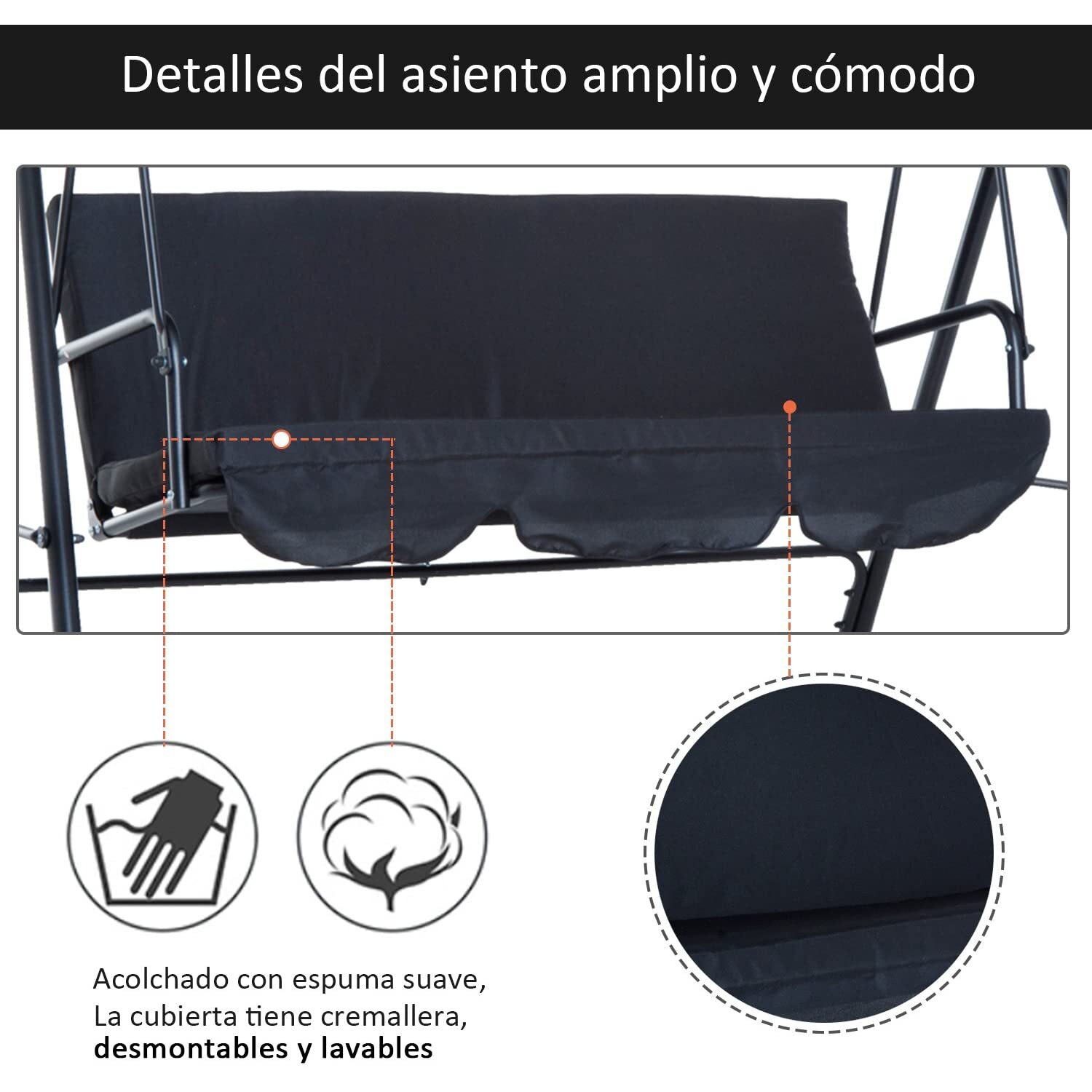 Columpio 3 Plazas con Toldo de Metal 172x110x152cm Negro