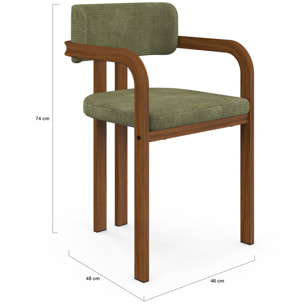 Chaises Elsa avec accoudoirs tissu chenille vert pieds effet noyer - lot de 4