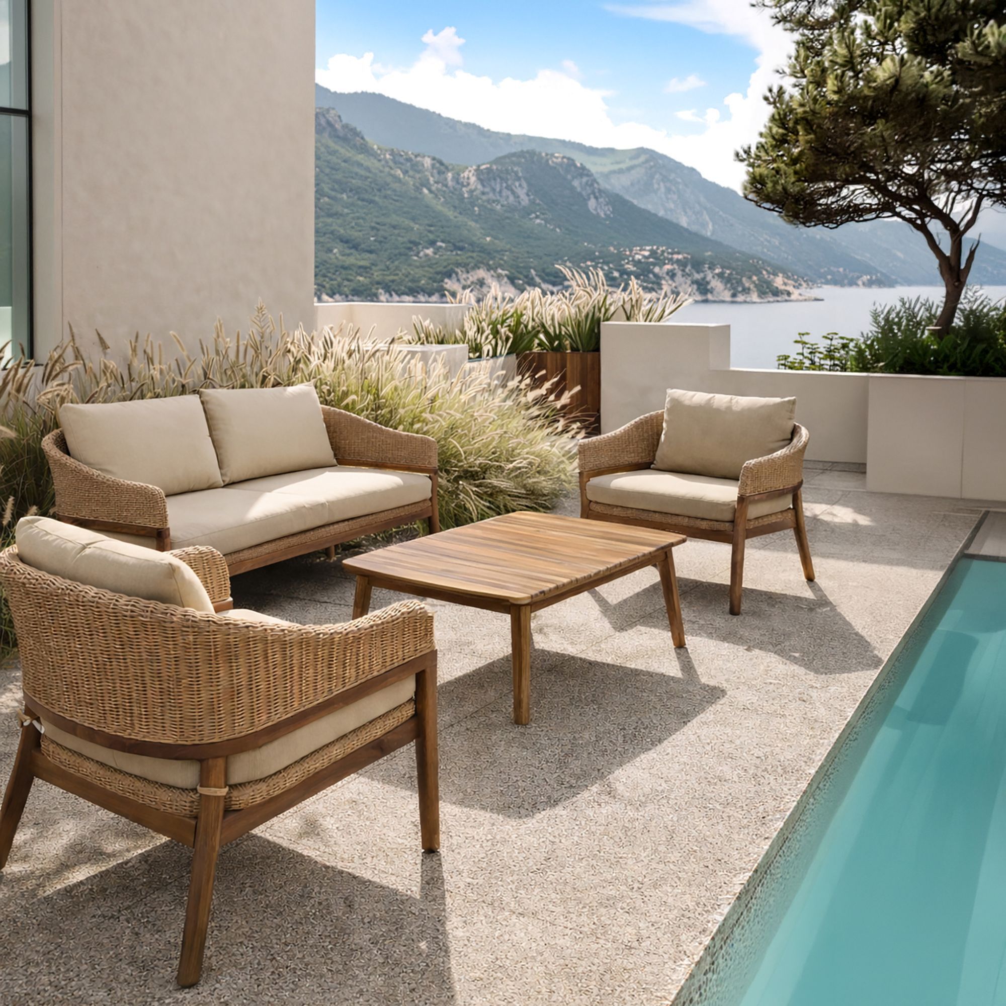 Salon de jardin en bois d'acacia et résine tréssée beige 4 places ALHAMBRA