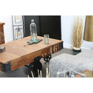 Table basse industrielle vintage bois recyclé roues LEEDS