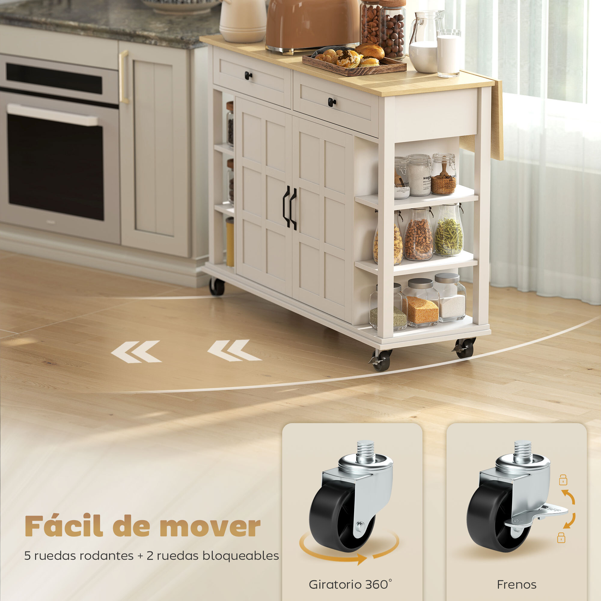 Isla de Cocina con Ruedas, Encimera Plegable, Carro de Cocina con 2 Puertas con Cierre Suave, 2 Cajones, 6 Estantes Abiertos, Blanco
