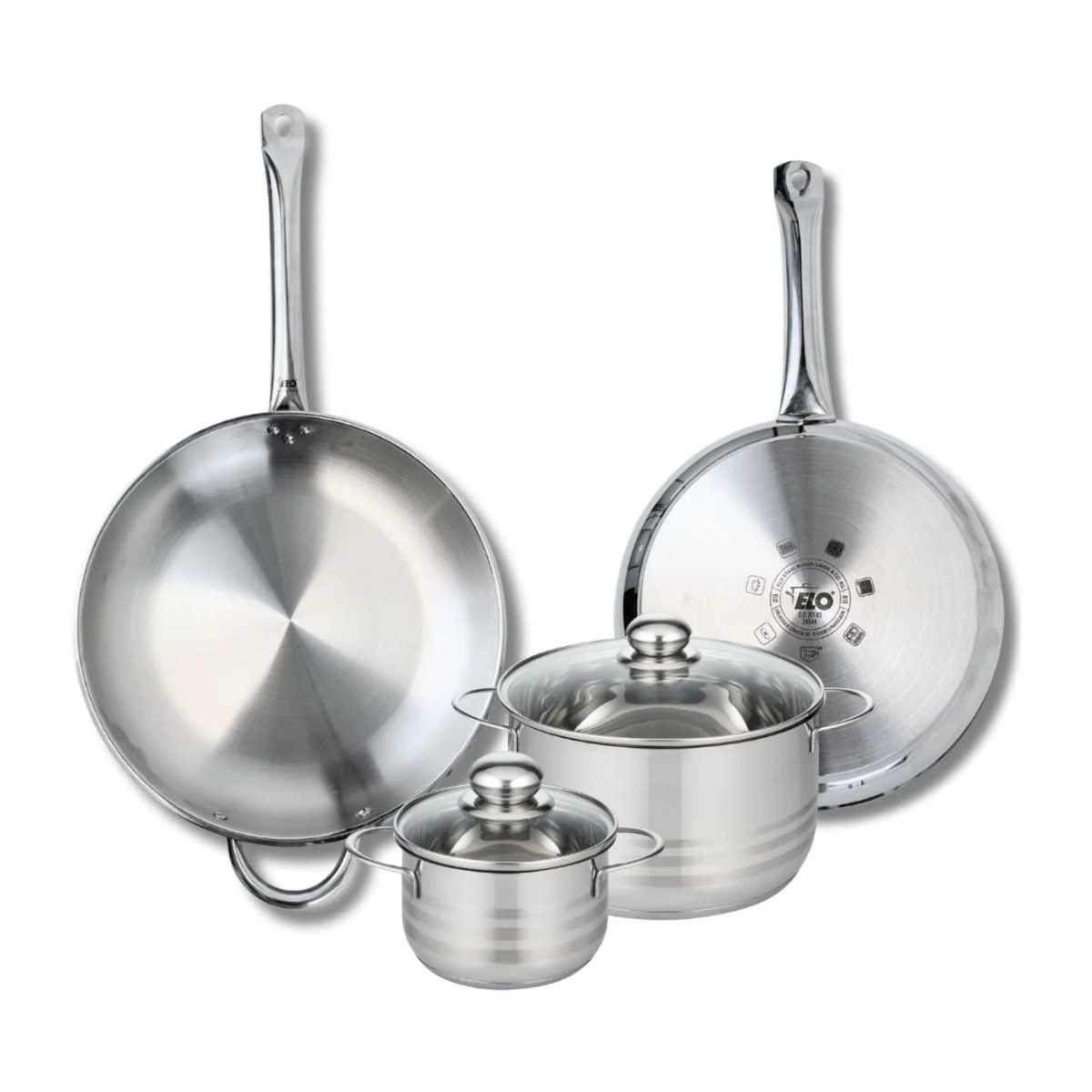 Ensemble de 2 Poêles de cuisson 28 et 32 cm et 2 faitouts 14 et 20 cm Elo Profi Brillant