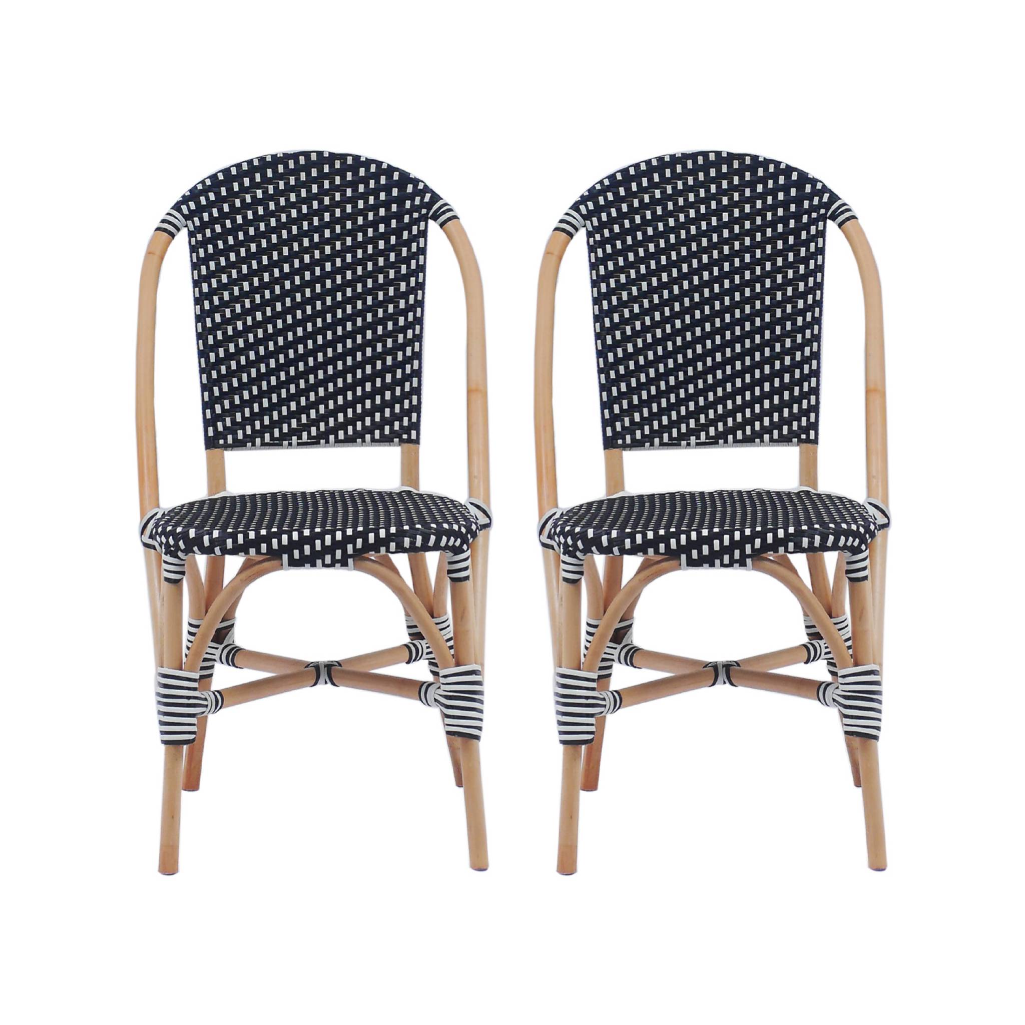 Lot de 2 chaises empilables bistrot en rotin et polyrotin noir et blanc. L 48 x P 58 x H 90cm