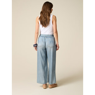 Oltre - Pantaloni palazzo in raso effetto denim - Azzurro