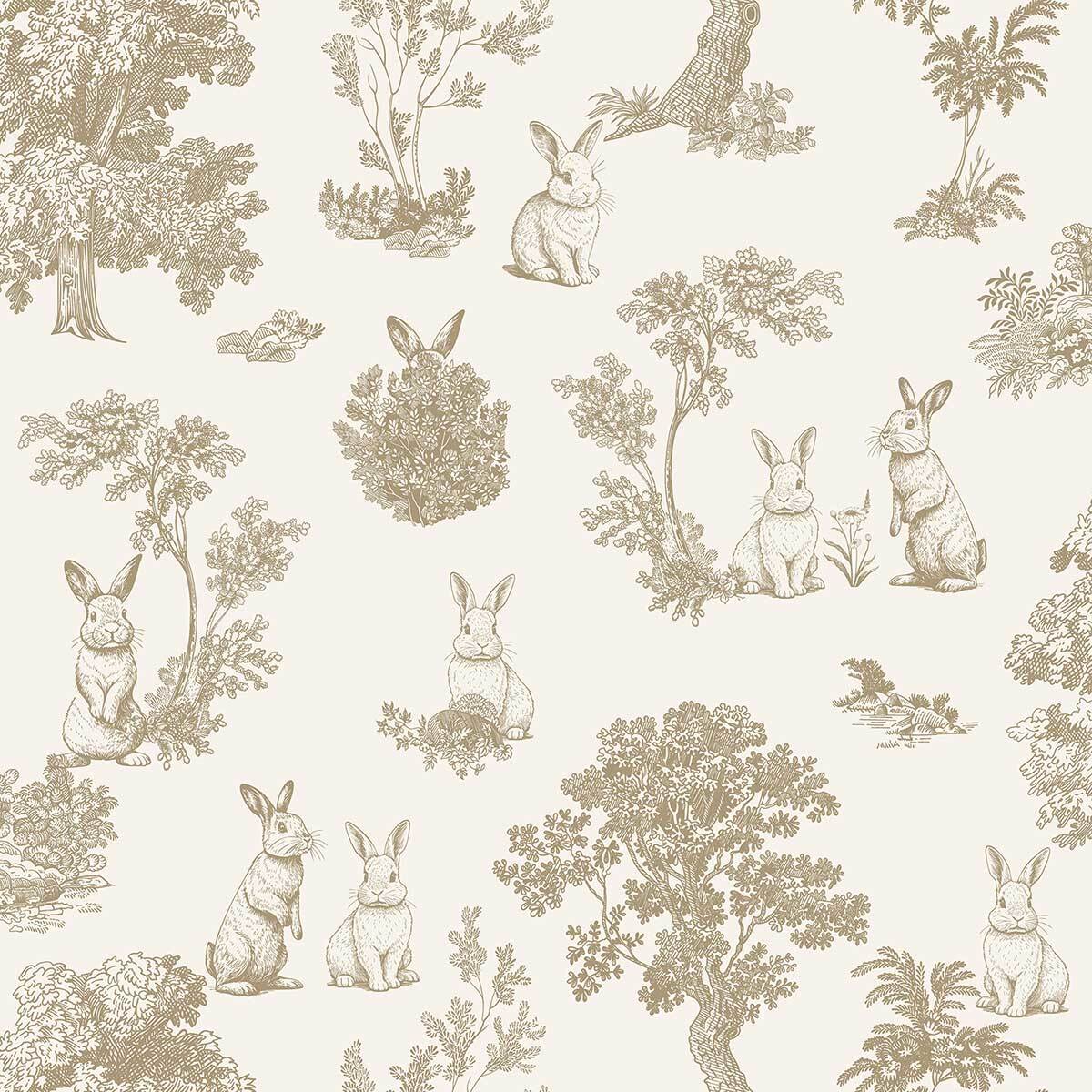 Papier peint lapin toile de Jouy doré blanc