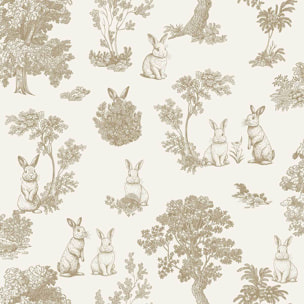 Papier peint lapin toile de Jouy doré blanc