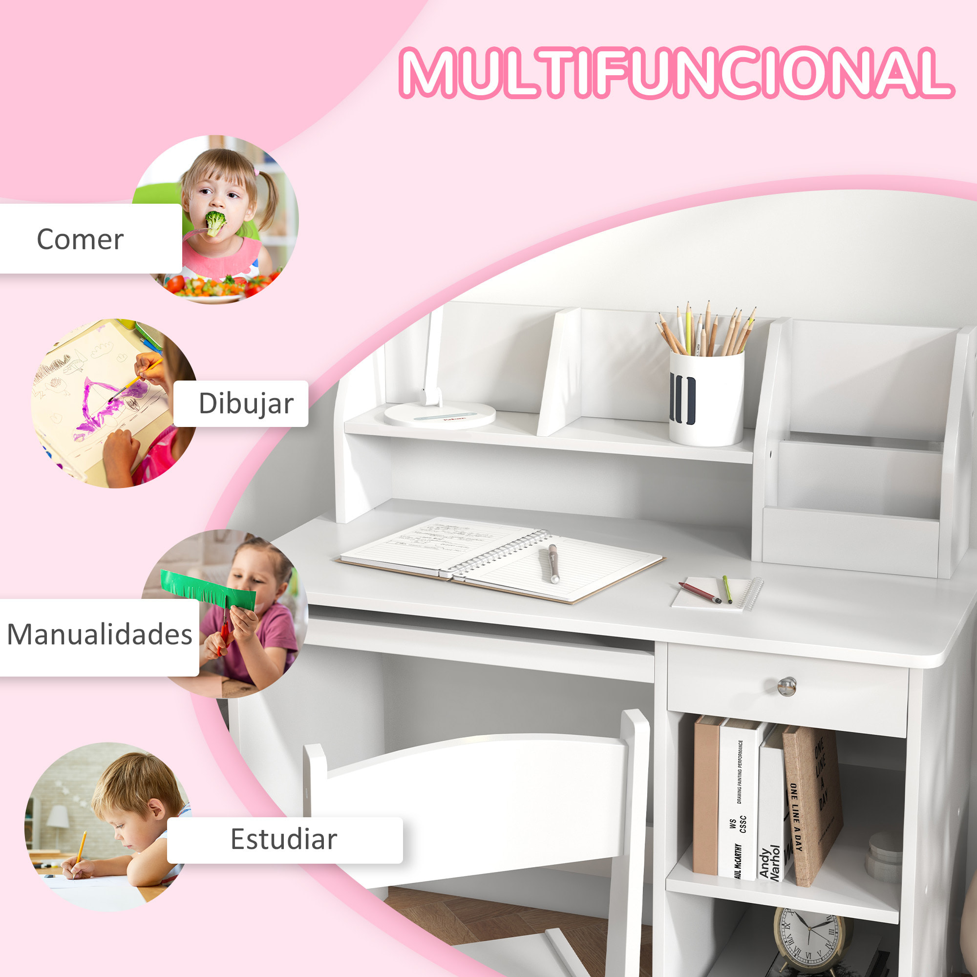 Juego de Escritorio y Silla para Niños de +5 Años Pupitre Infantil con 2 Cajones y Compartimento para Dormitorio Sala Estudio Blanco
