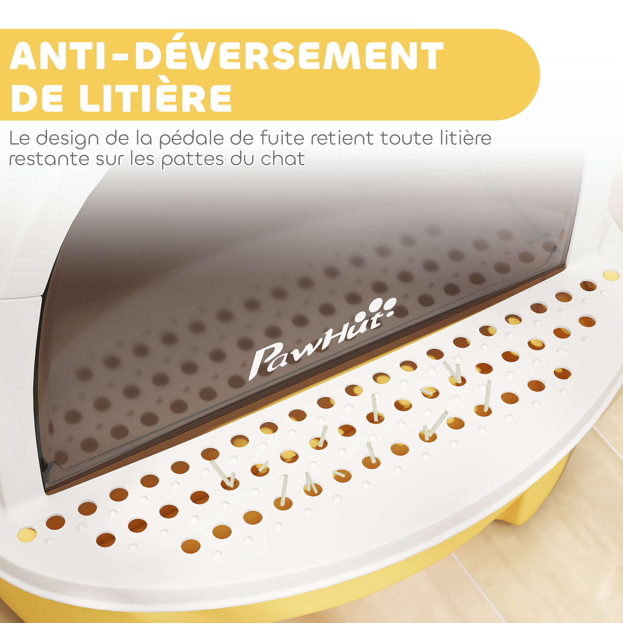 Maison de toilette chat design - porte fumée, pelle, 2 sacs désodorisation, tiroir litière coulissant, poignée - blanc jaune