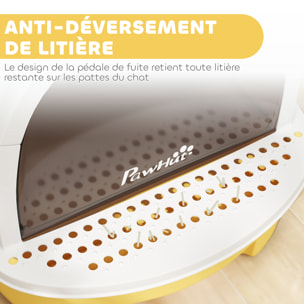 Maison de toilette chat design - porte fumée, pelle, 2 sacs désodorisation, tiroir litière coulissant, poignée - blanc jaune