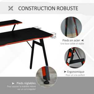 HOMCOM Bureau gaming bureau gamer bureau informatique bracket casque enceintes porte-gobelet grand plateau MDF texture carbone + étagère écran châssis acier rouge noir