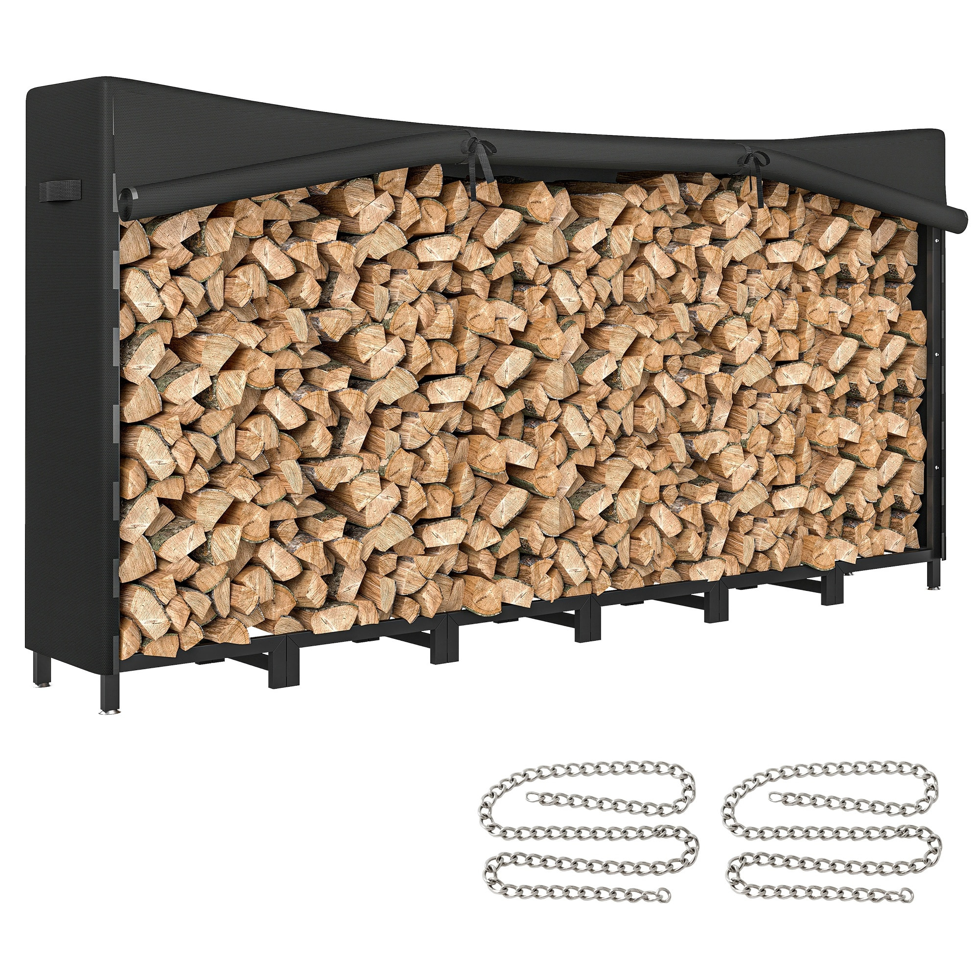 Estante de Leña Metálico, 235x31x116 cm, Leñero Exterior con Cubierta Impermeable 600D Oxford, Marco de Acero y Cadenas de Acero, Soporte para Leña de Chimenea, Almacenaje para Madera, Negro