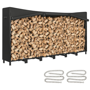 Estante de Leña Metálico, 235x31x116 cm, Leñero Exterior con Cubierta Impermeable 600D Oxford, Marco de Acero y Cadenas de Acero, Soporte para Leña de Chimenea, Almacenaje para Madera, Negro