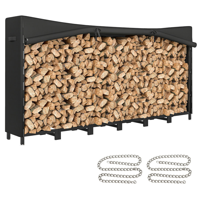 Estante de Leña Metálico, 235x31x116 cm, Leñero Exterior con Cubierta Impermeable 600D Oxford, Marco de Acero y Cadenas de Acero, Soporte para Leña de Chimenea, Almacenaje para Madera, Negro