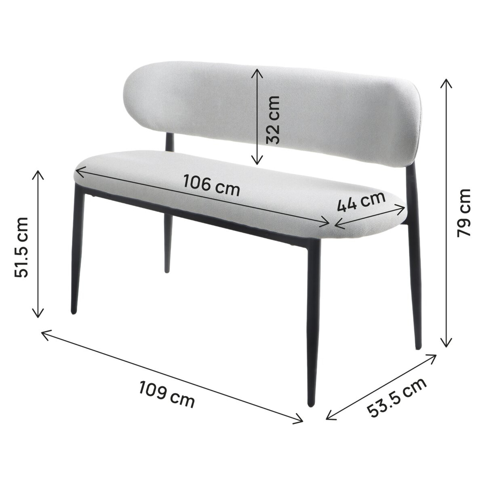 Banc de salle à manger en tissu - 110 cm - "Sélène" - 3 places - Gris clair et Noir