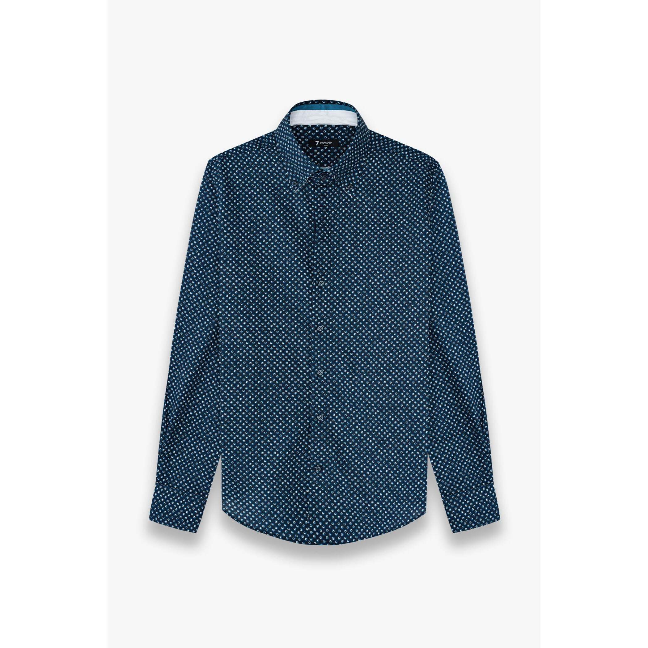 Camicia Uomo 2 Bottoni Button Down Slim Popeline Stampato Blu/Turchese