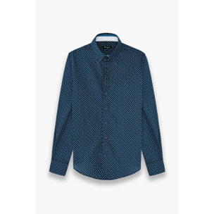 Camicia Uomo 2 Bottoni Button Down Slim Popeline Stampato Blu/Turchese