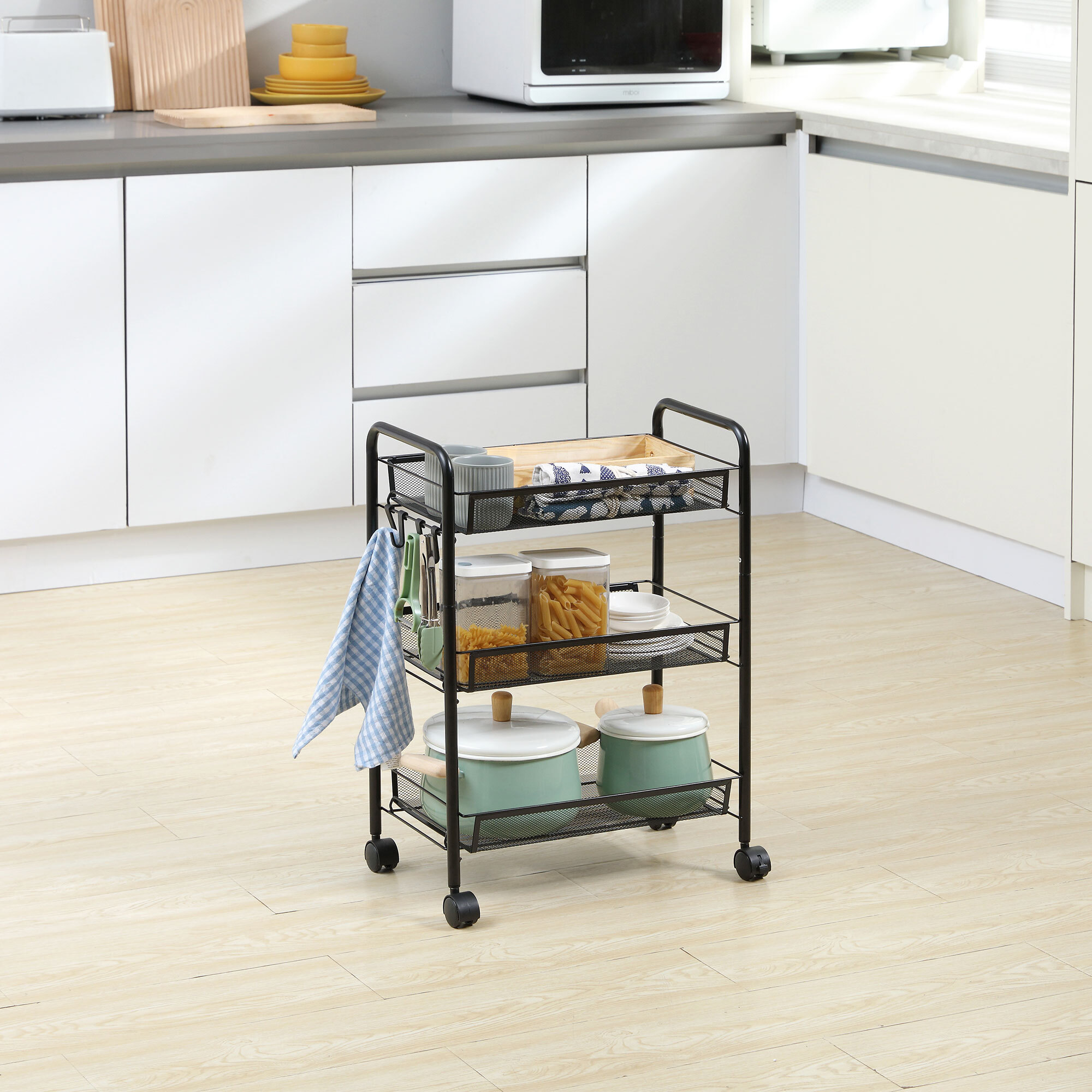 Carrito Auxiliar con Ruedas, Carrito de Cocina de Acero, con 3 Cestas, Carga 9 kg, para Comedor, Sala de Estar, Baño, 45x26,5x63 cm, Negro