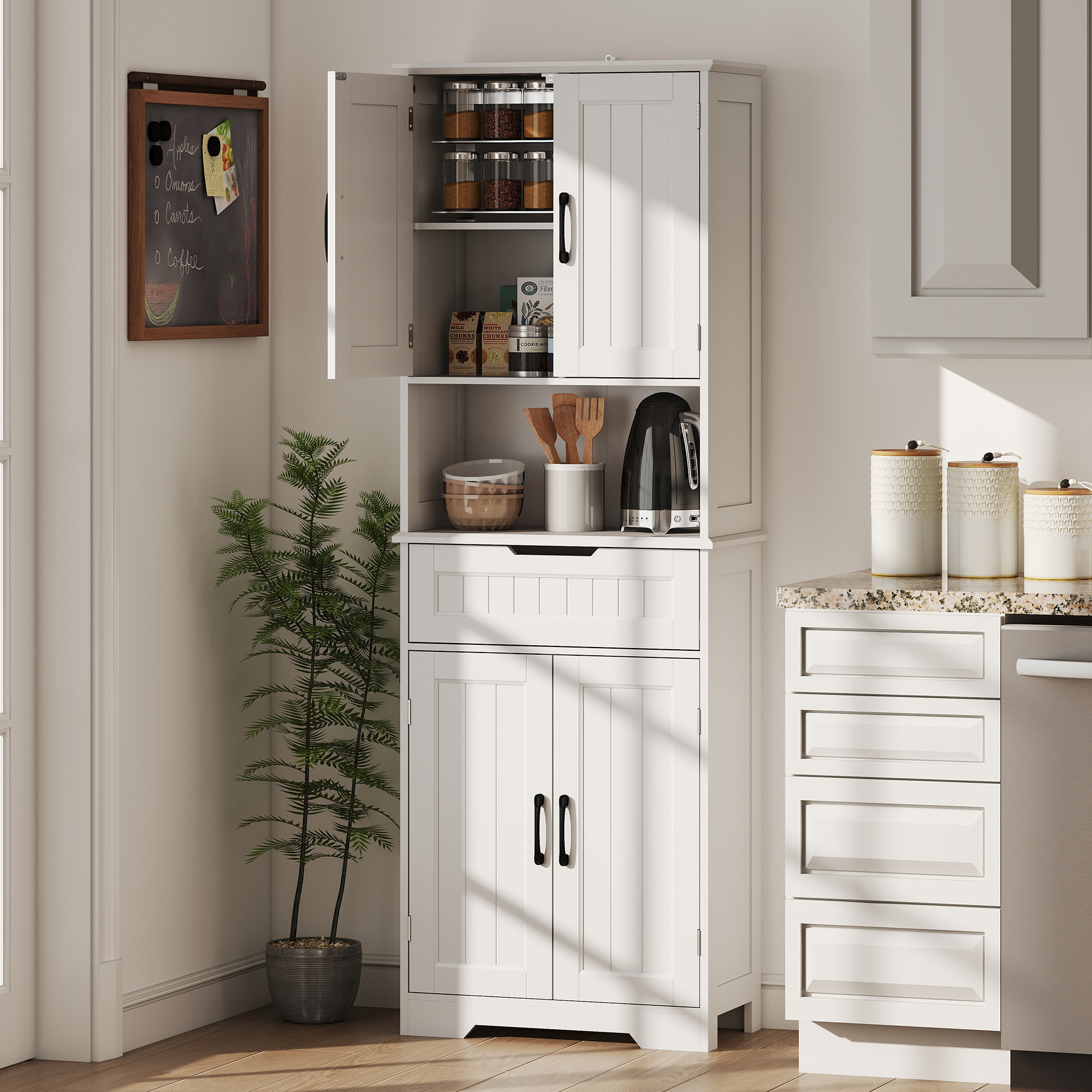 Buffet haut cuisine - 4 portes, 2 étagères, tiroir, grande niche - dim. 60 x 30 x 172 cm - blanc