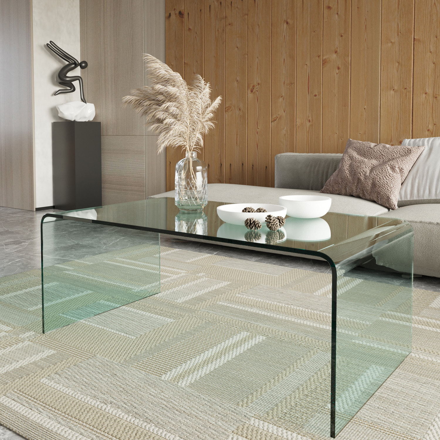 Tavolino Basso da Salotto Rettangolare in Vetro e Curvato (110 x 43 x 60 cm)- Luxury Z-01 - Design curvo e Moderno
