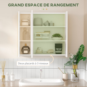 Armoire miroir salle de bain 3 portes 4 étagères aspect bois clair blanc