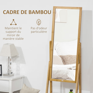 Miroir sur pied avec rangement tiroir en bambou et MDF - dim. 45L x 30l x 160H cm - blanc et naturel