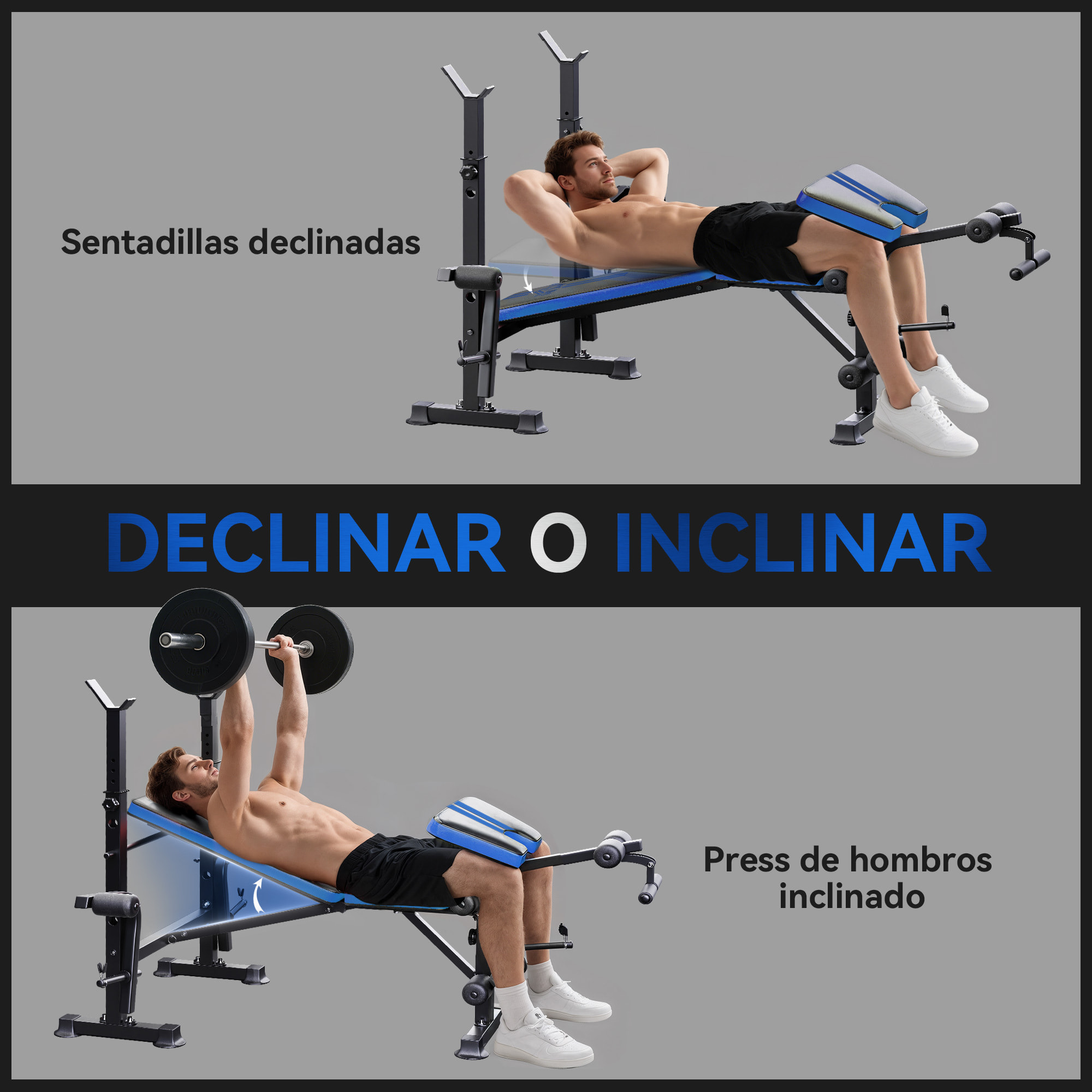Banco de Musculación Multifuncional, Banco de Pesas con Respaldo Ajustable, Soporte para Barras Regulable, Extensión de Piernas, Curl de Predicador, Mariposa, Entrenamiento Casa Gimnasio, Azul