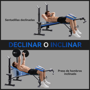 Banco de Musculación Multifuncional, Banco de Pesas con Respaldo Ajustable, Soporte para Barras Regulable, Extensión de Piernas, Curl de Predicador, Mariposa, Entrenamiento Casa Gimnasio, Azul