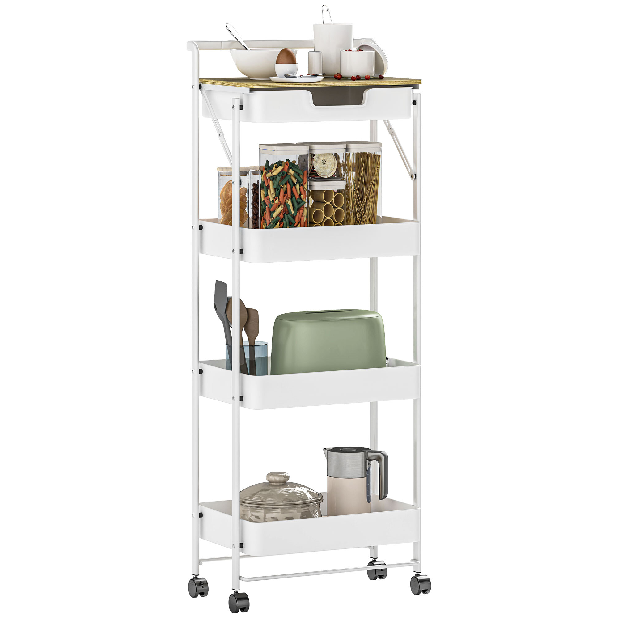 Carrito Auxiliar con Ruedas de 4 Niveles Carro de Cocina con 1 Cajón y 3 Cestas Carrito Organizador para Dormitorio Salón Oficina Blanco