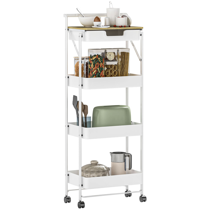 Carrito Auxiliar con Ruedas de 4 Niveles Carro de Cocina con 1 Cajón y 3 Cestas Carrito Organizador para Dormitorio Salón Oficina Blanco