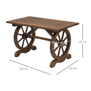 Mesa de Jardín de Madera Mesa de Terraza Exterior 110x60x65 cm con Patas en Forma de Rueda Carga 100 kg Mesa para Exterior Patio Madera Carbonizada