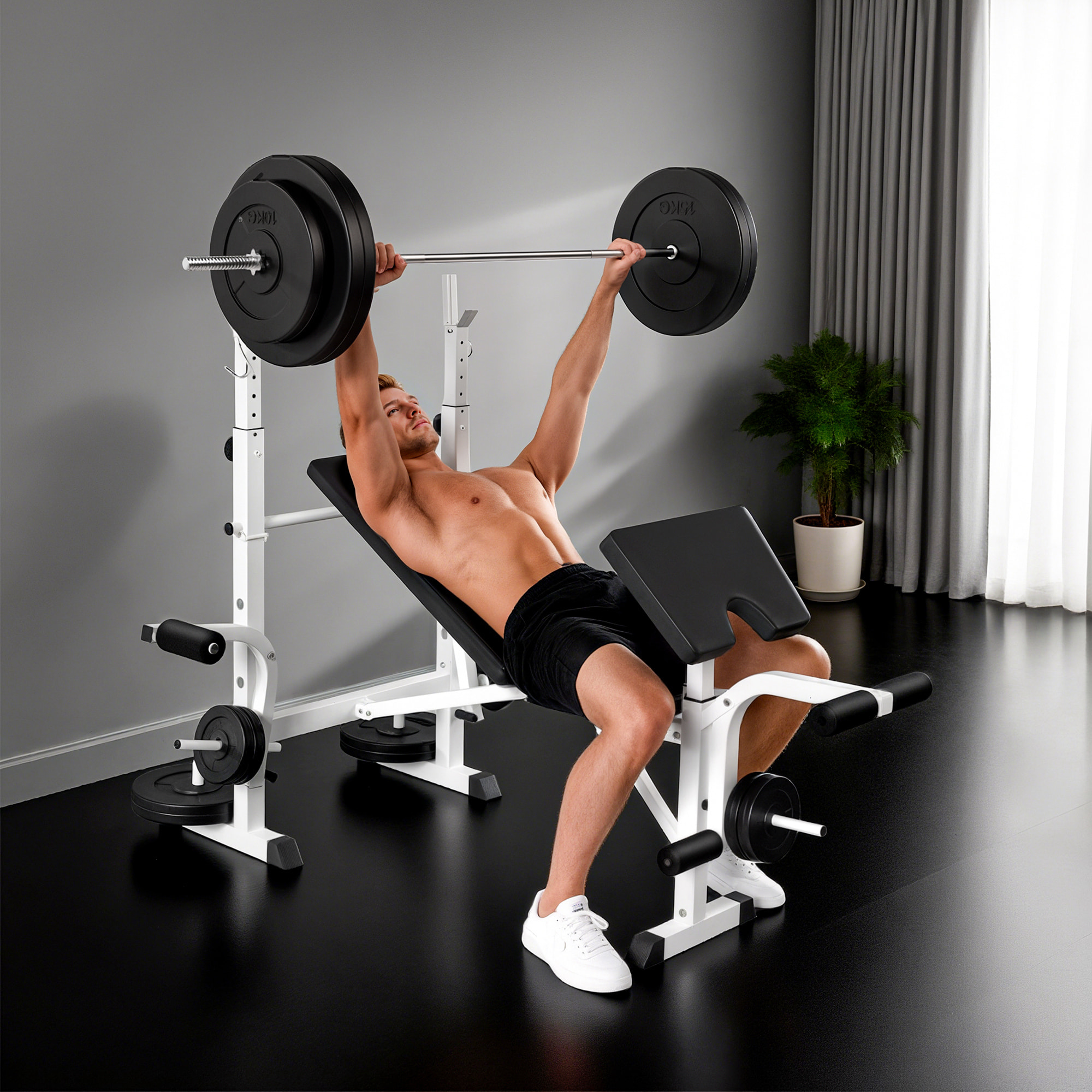 Banco de Musculación Multifuncional Inclinable, Banco de Pesas, Press Banca con Soporte para Barra Ajustable, Extensión de Piernas, Curl de Predicador, Mariposa, Entrenamiento en Casa, Gimnasio