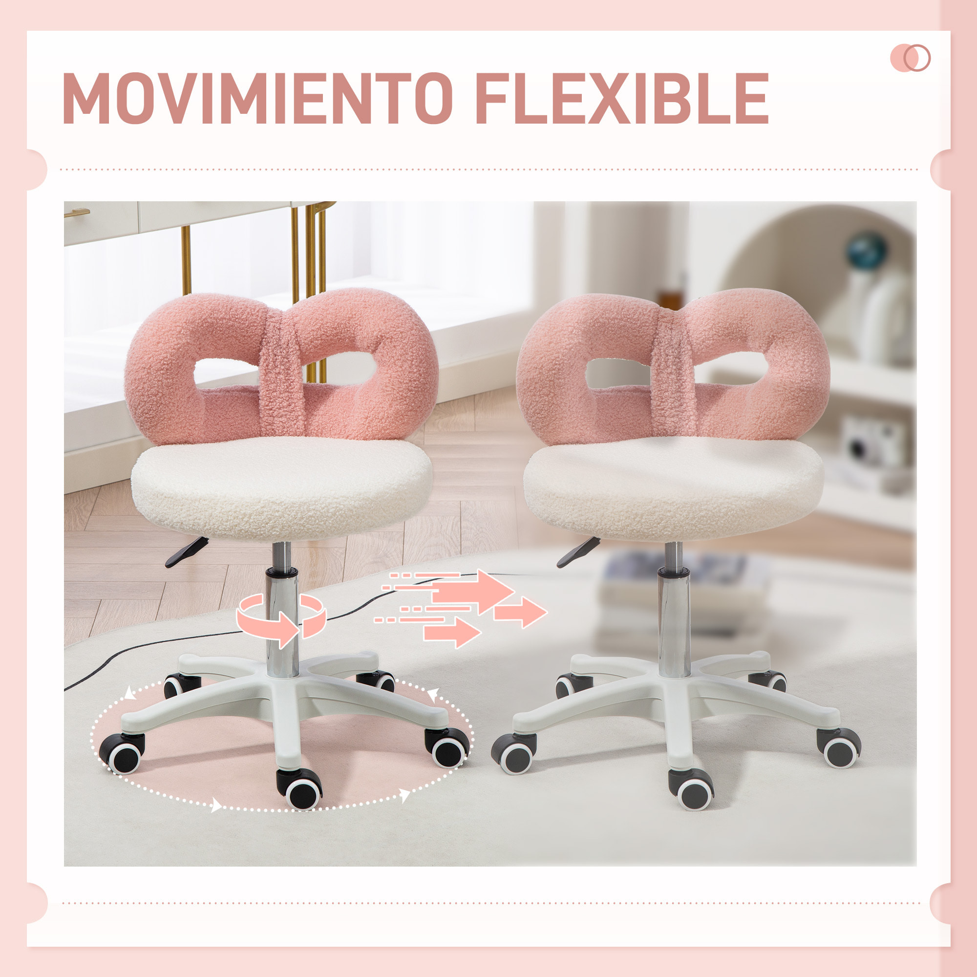 Taburete Giratorio con Respaldo Taburete con Ruedas Altura Regulable 63-77 cm Tapizado en Tejido de Borreguito para Salones Talleres Spa Masaje Blanco y Rosa