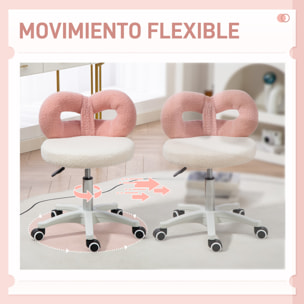 Taburete Giratorio con Respaldo Taburete con Ruedas Altura Regulable 63-77 cm Tapizado en Tejido de Borreguito para Salones Talleres Spa Masaje Blanco y Rosa