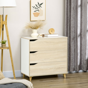 Commode design scandinave 3 tiroirs piètement effilé panneaux MDF blanc aspect bois clair