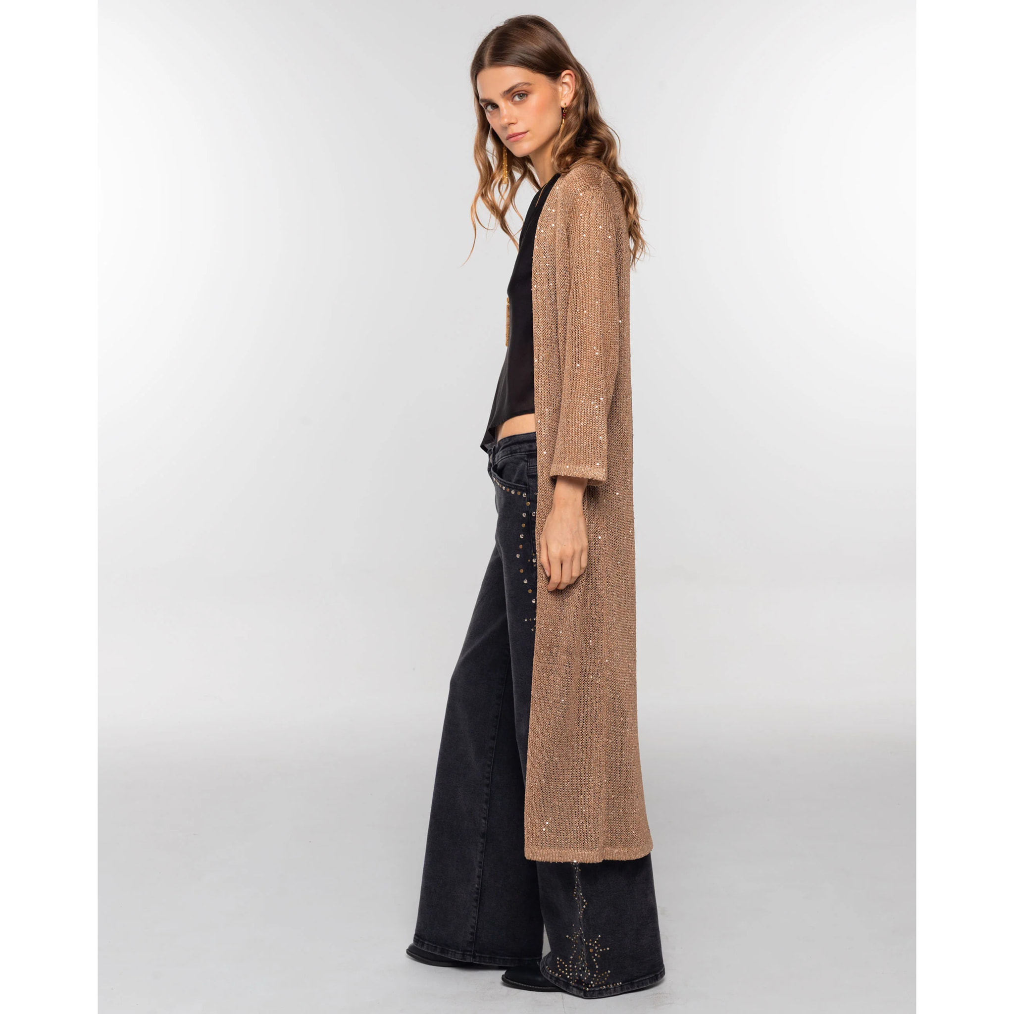 Cárdigan de mujer largo de punto con lentejuelas