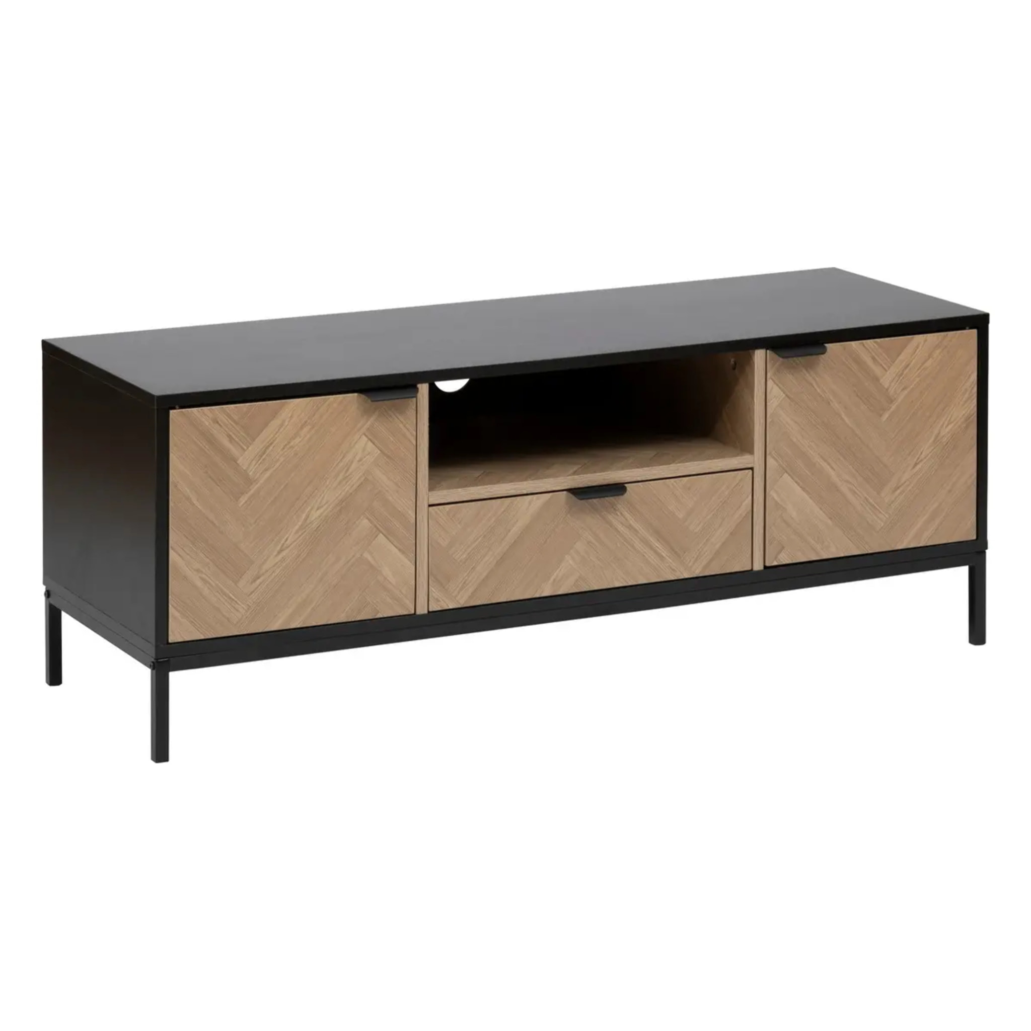 Meuble TV "Chevrons" 3 portes effet bois et noir 120x40cm