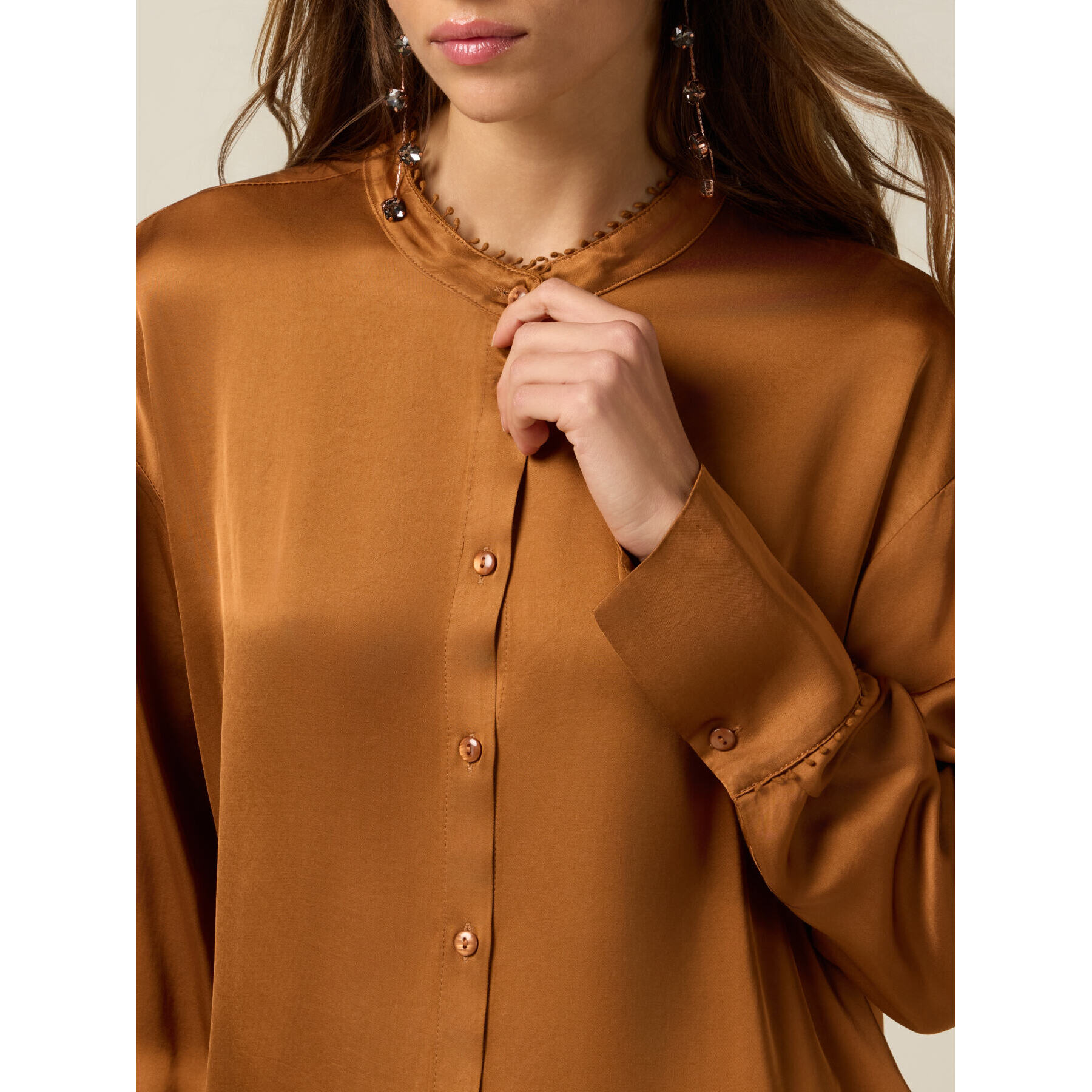 Oltre - Camicia in raso con profili decorati - Arancio / Fuxia